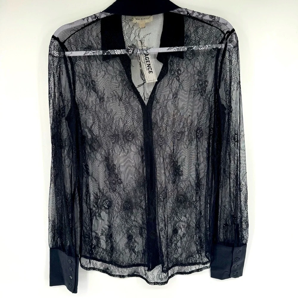 L’AGENCE Lace Button Up Blouse Long Sleeves in Black Size XS Fits M - Picture 4 of 6